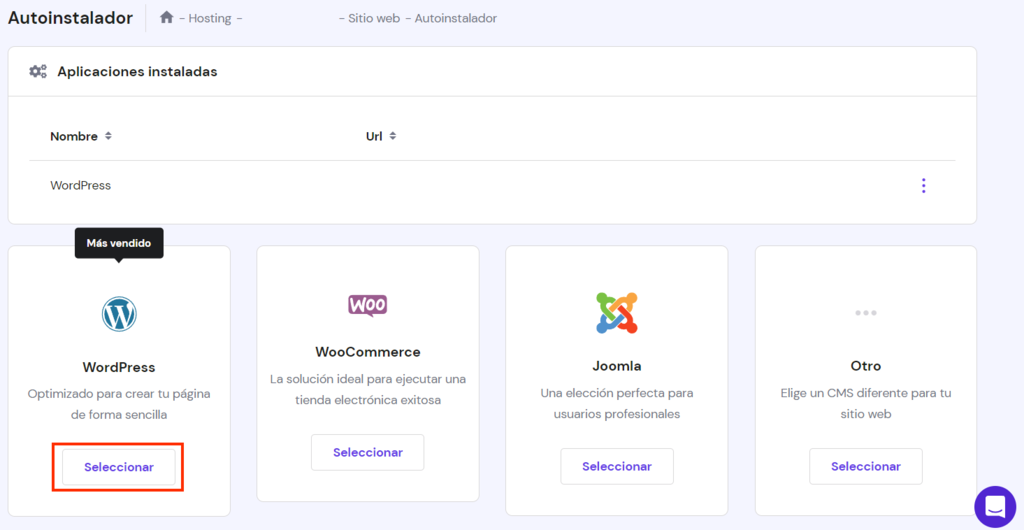 El men&uacute; de instalaci&oacute;n autom&aacute;tica en hPanel