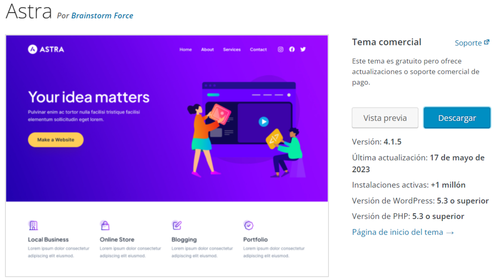 El tema Astra en el directorio de WordPress.