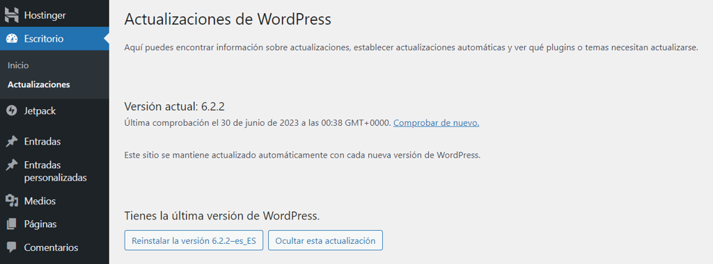 &Uacute;ltima actualizaci&oacute;n de WordPress en el escritorio