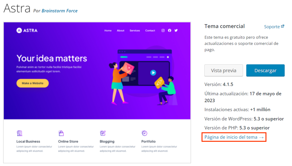 Ir a la p&aacute;gina de inicio del tema desde la p&aacute;gina de WordPress del tema.