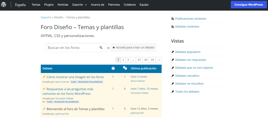P&aacute;gina de foros de WordPress
