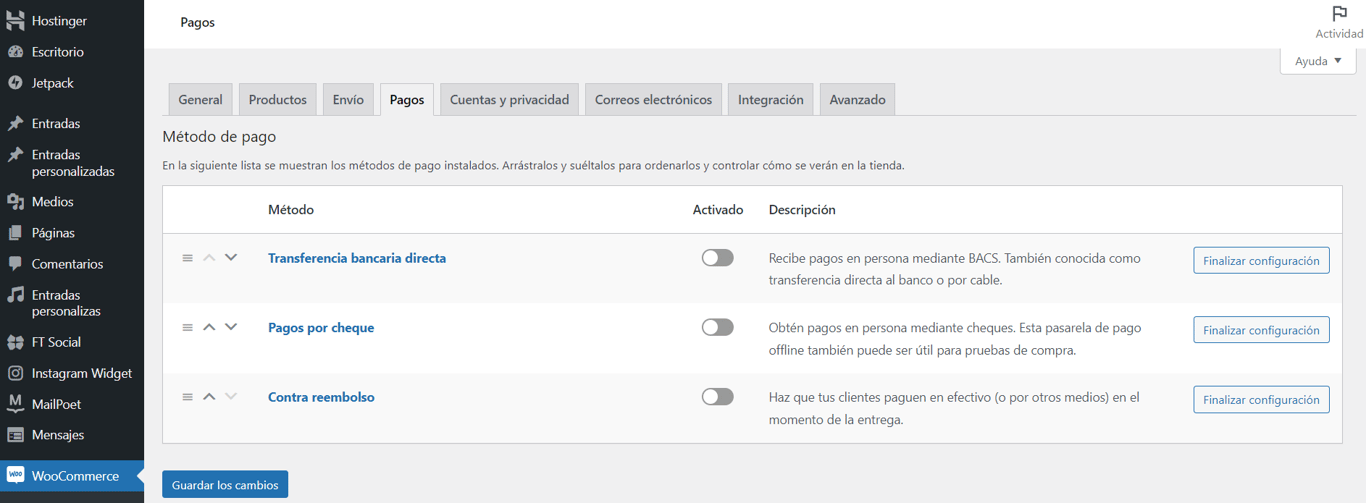 Métodos de pago en WooCommerce