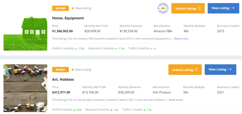 Listado de páginas web a la venta de Empire Flippers