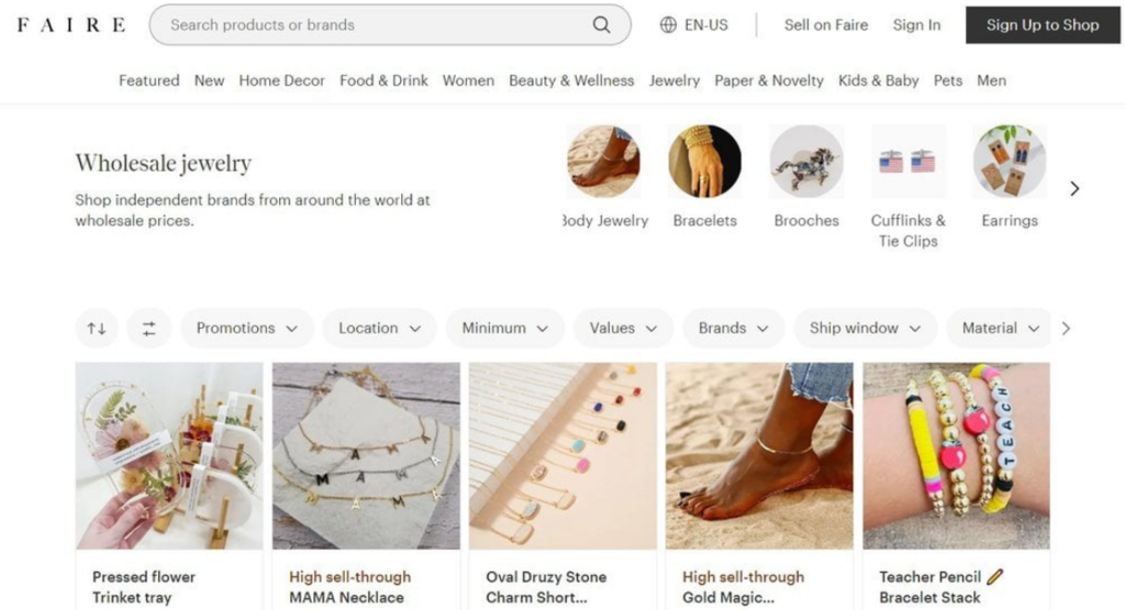 P&aacute;gina de productos del sitio de joyer&iacute;a por mayor Faire