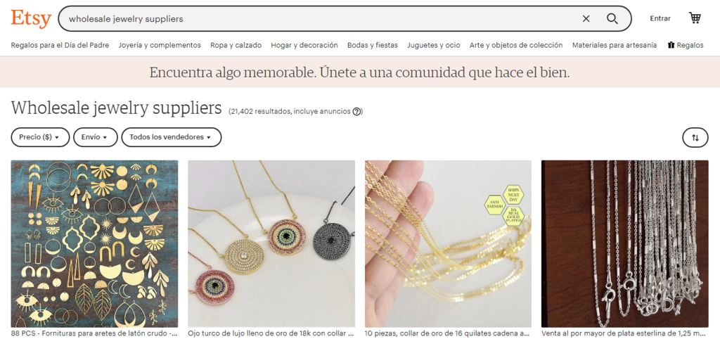 P&aacute;gina de proveedores de joyer&iacute;a en Etsy