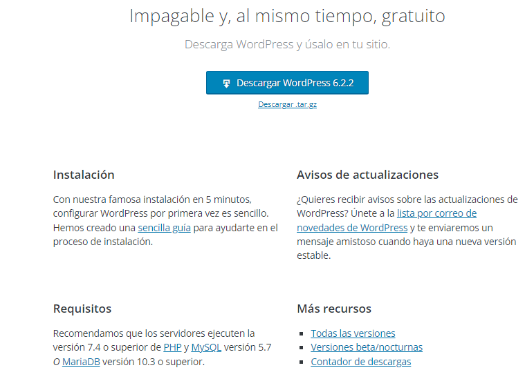 Página oficial para descargar WordPress