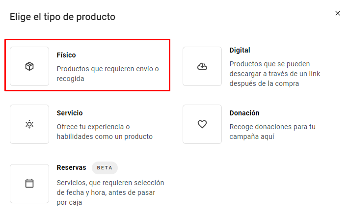 Secci&oacute;n Elegir el tipo de producto en el Creador de p&aacute;ginas web de Hostinger