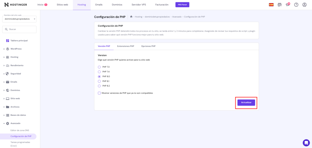 Actualiza versión PHP en hPanel