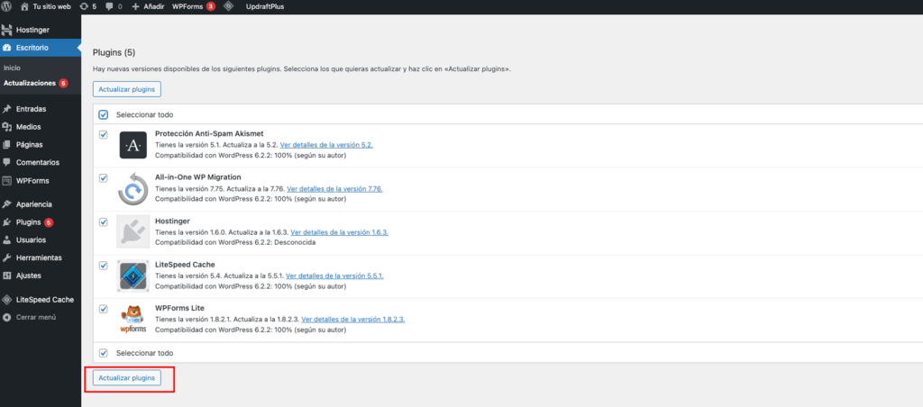Botón de actualizar plugins de WordPress