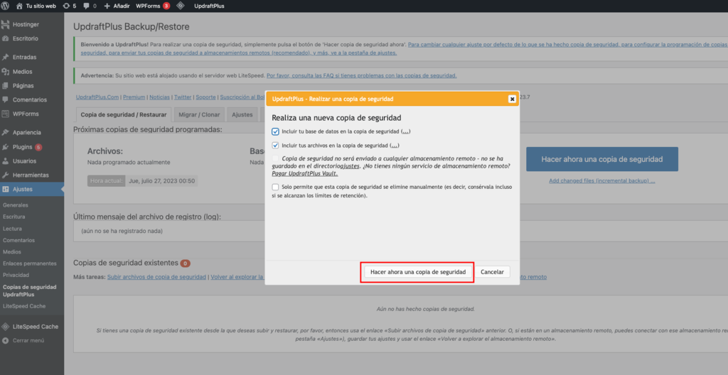 Generar copia de seguridad con WordPress