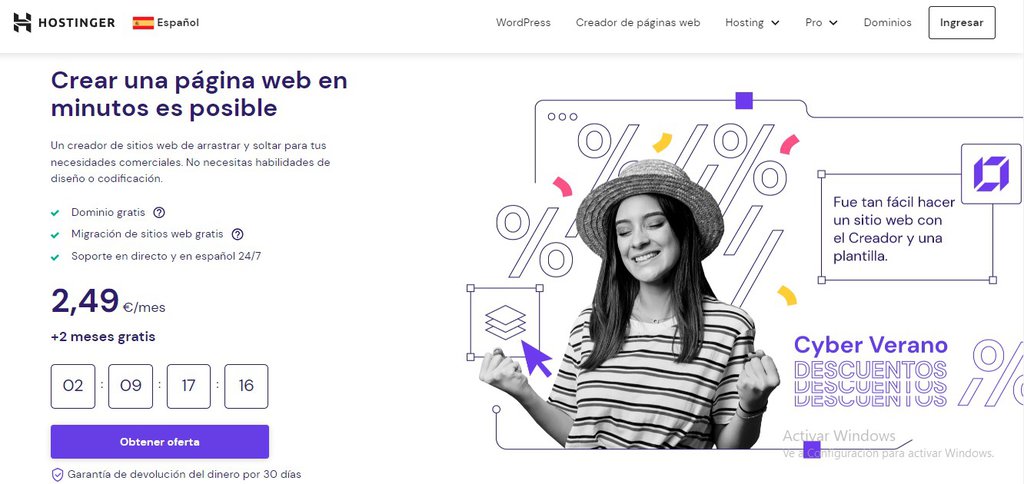 P&aacute;gina web de Hostinger para crear un sitio web