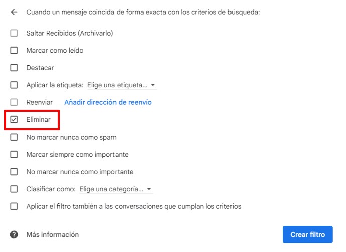 Creaci&oacute;n de un filtro en gmail