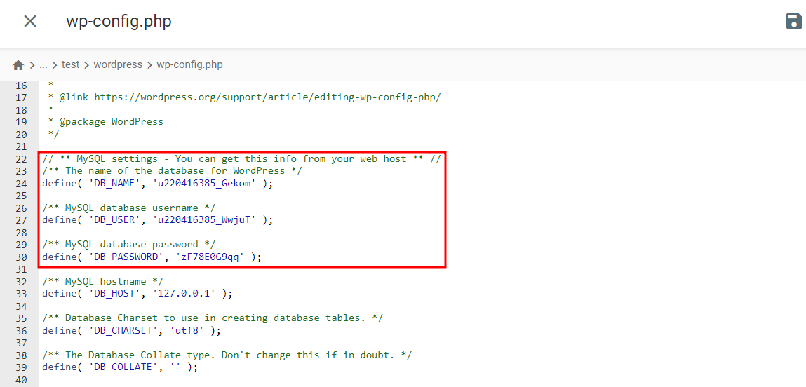 Editor del archivo wp-config.php