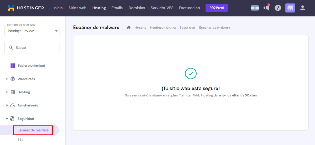 Opción de Escáner de malware en el hPanel de Hostinger.