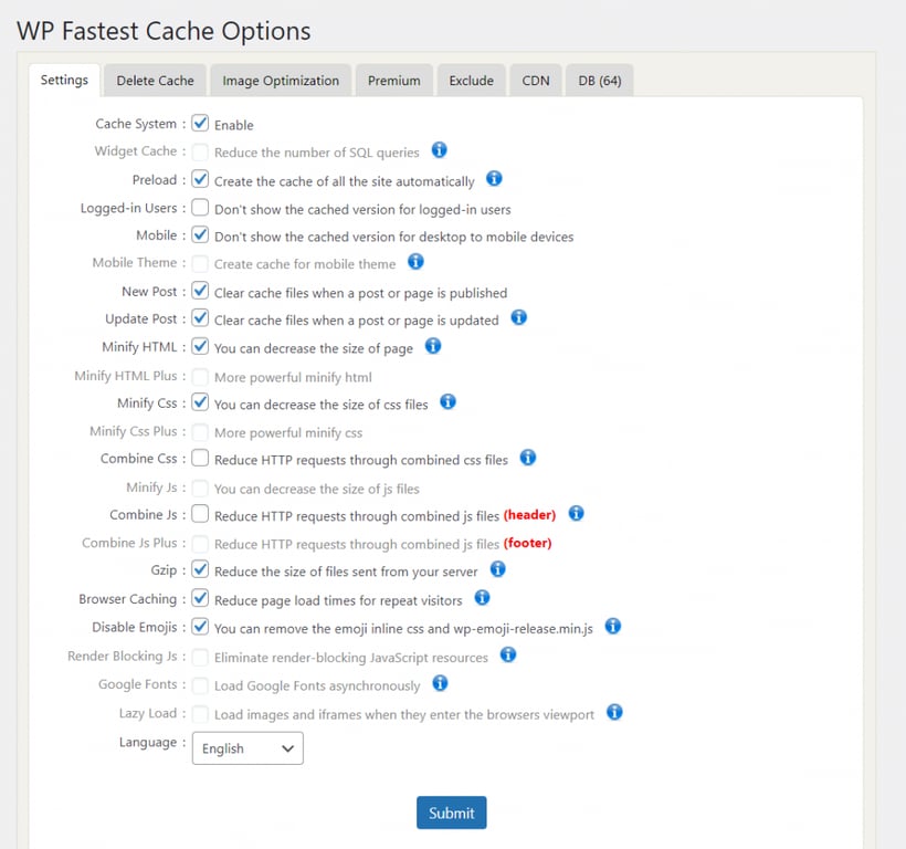 La configuración de caché de WP Fastest Cache consiste en casillas de verificación con explicaciones