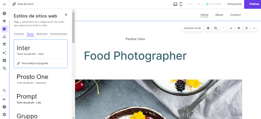 Interfaz del Creador de sitios web de Hostinger