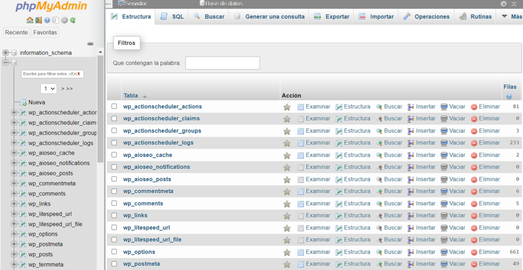 Vista previa de la base de datos en phpMyAdmin.