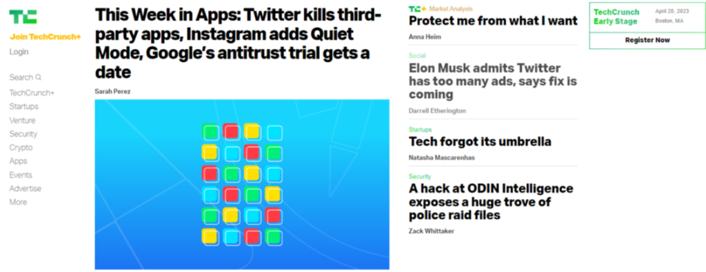 Sitio web de noticias Tech Crunch