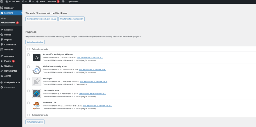 Verificar actualizaciones en WordPress