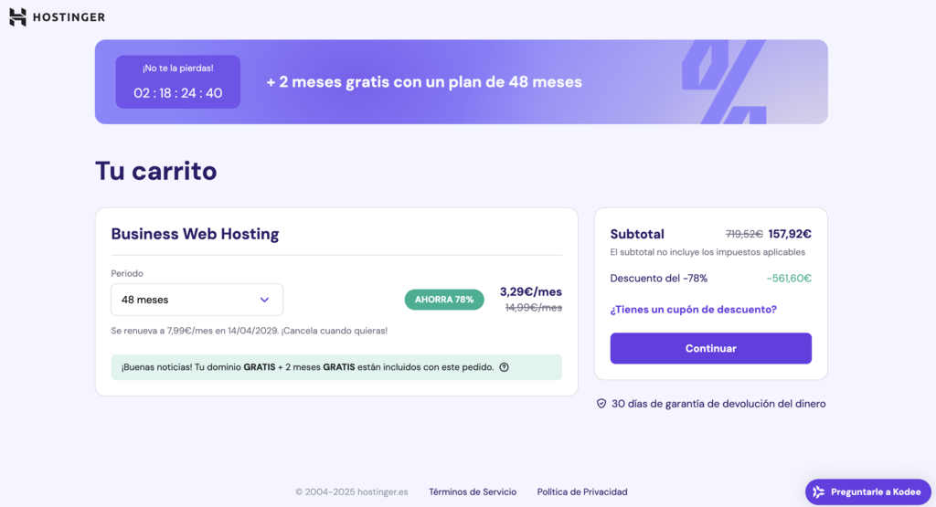 Carrito de productos de Hostinger