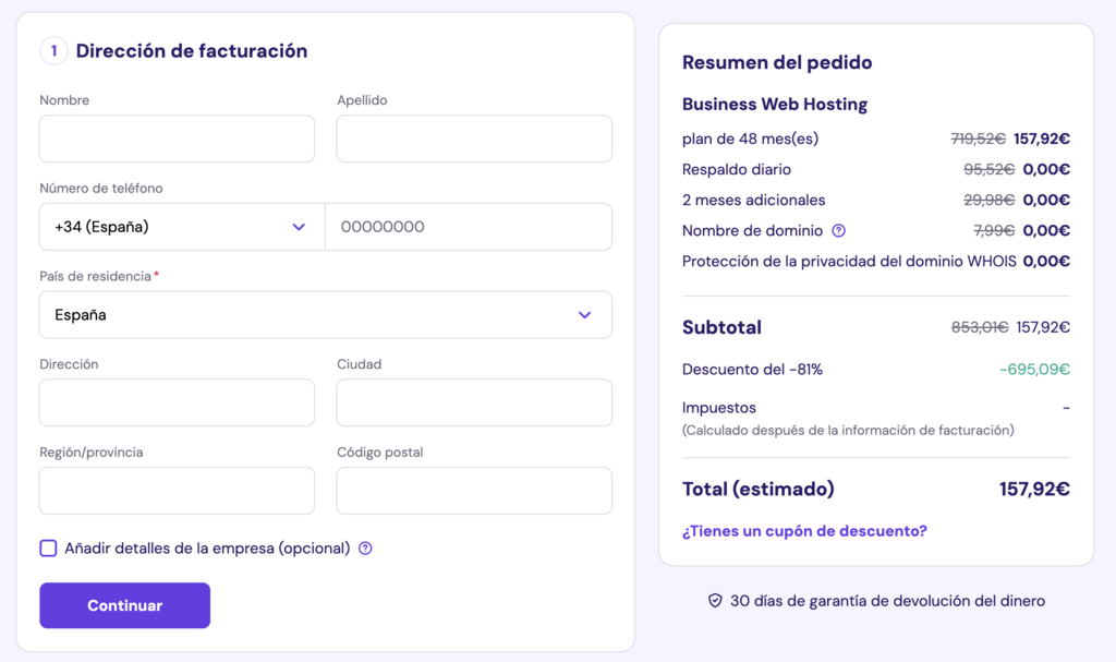 Detalles de facturaci&oacute;n de compra en Hostinger