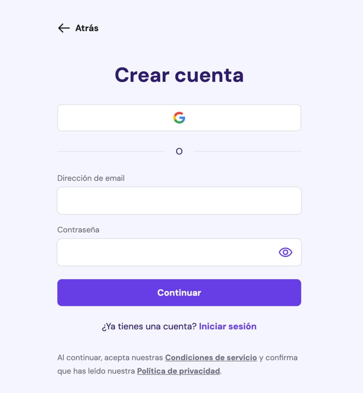 Crear cuenta o iniciar sesi&oacute;n en Hostinger