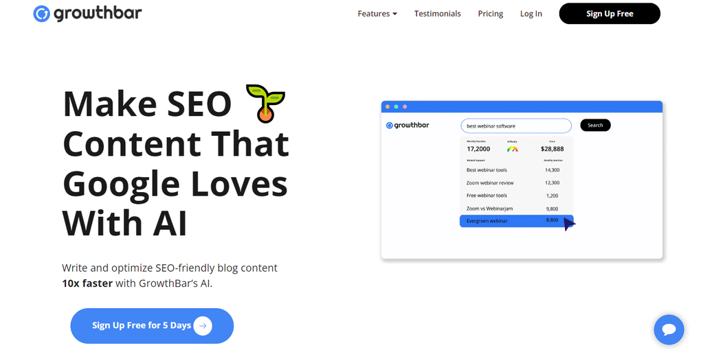 P&aacute;gina de inicio de la herramienta de inteligencia artificial para SEO GrowthBar