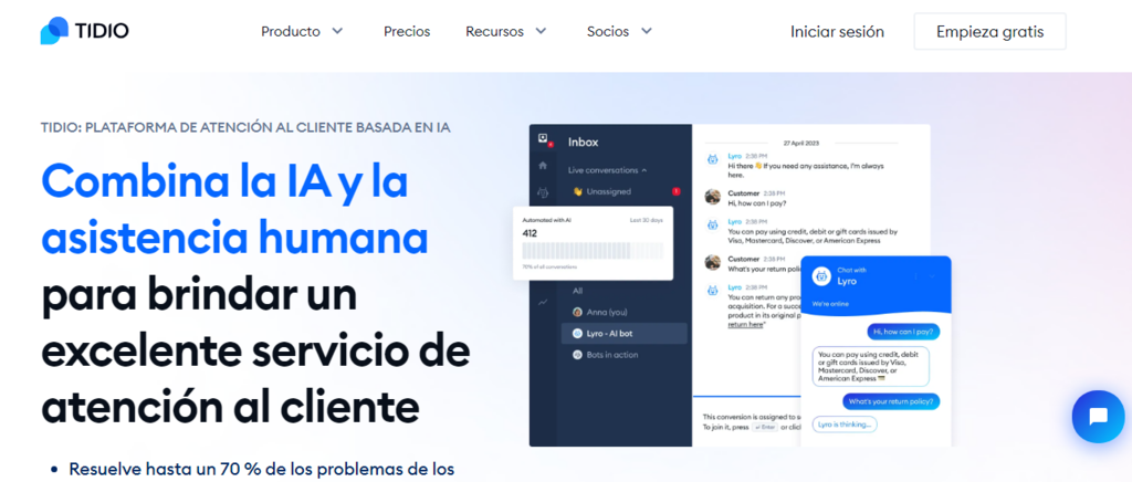 P&aacute;gina de inicio de Tidio