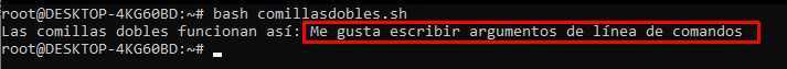 La terminal muestra el caso de uso de las comillas dobles. En ese caso, el usuario ver&aacute; una salida est&aacute;ndar donde bash imprimir&aacute; el valor guardado en una variable dada.