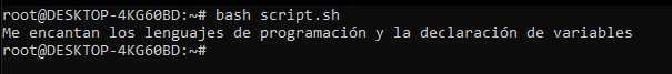 La terminal muestra el resultado de la ejecuci&oacute;n del script en el que se invoca a una variable para que muestre su valor.