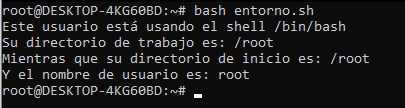 El script imprime en pantalla los valores de las variables de entorno para shell, directorio de trabajo, directorio de inicio y nombre de usuario.