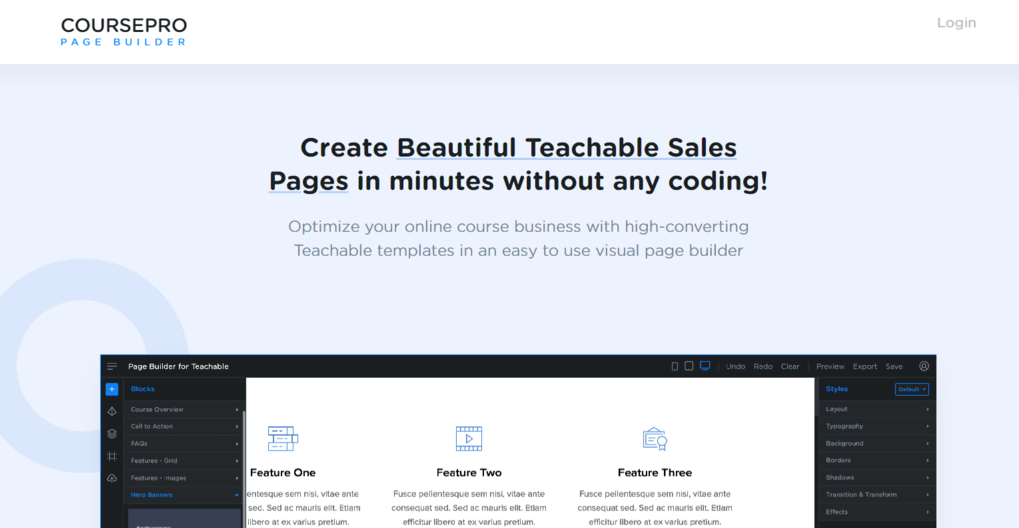 Creador de p&aacute;ginas web de Teachable