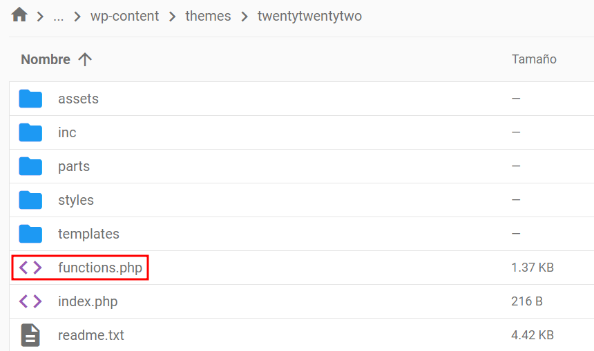 Visualizaci&oacute;n del archivo functions.php en el administrador de archivos.