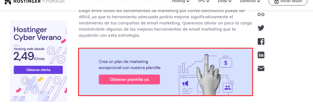 Lead magnet en una entrada de blog de Hostinger