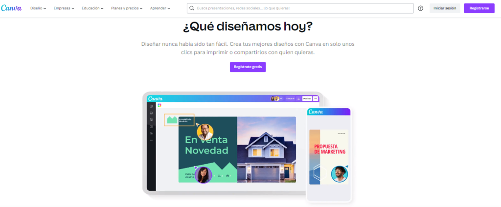P&aacute;gina de inicio de Canva