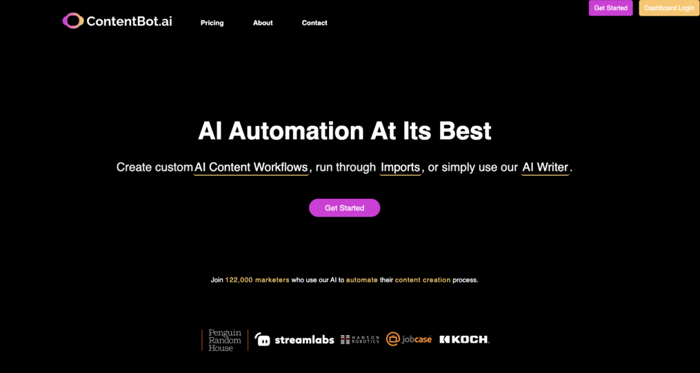 P&aacute;gina de inicio de ContentBot