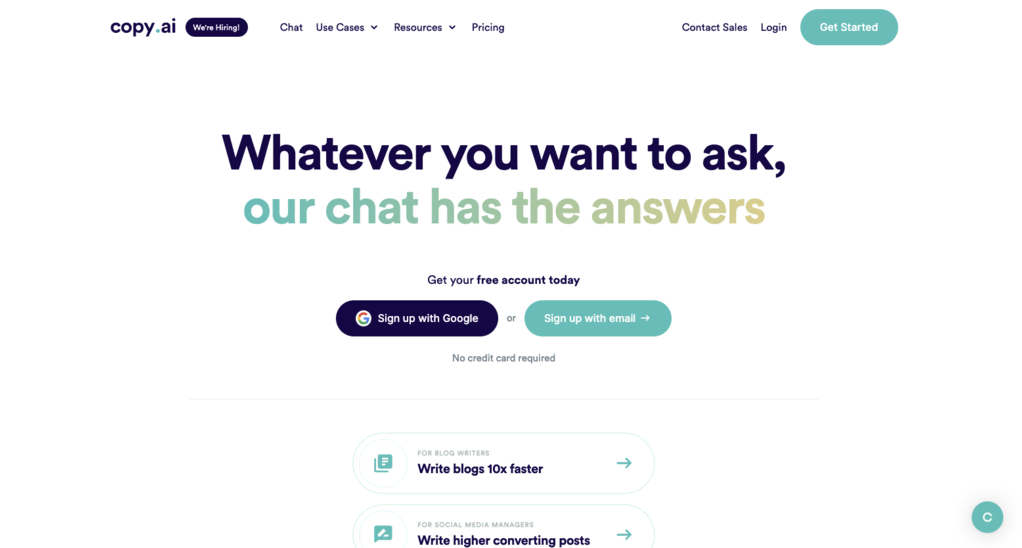 P&aacute;gina de inicio de CopyAi
