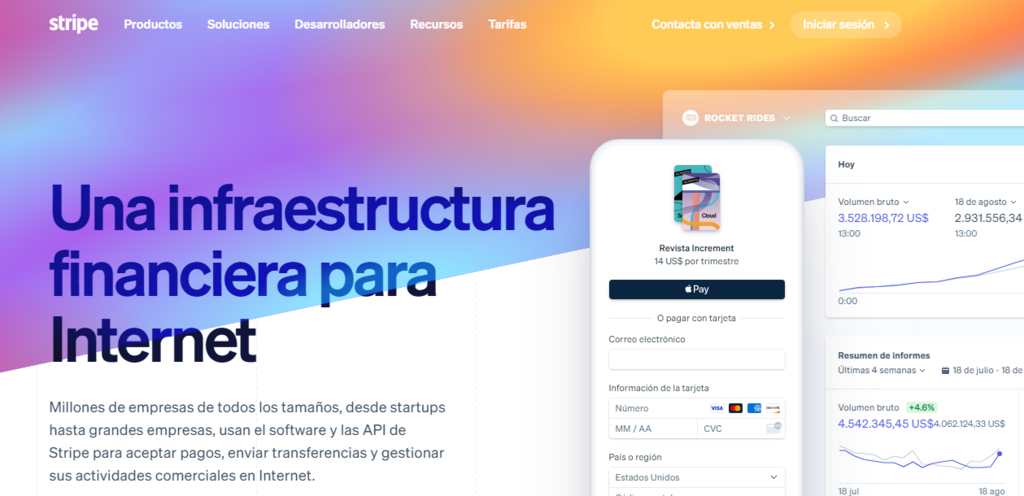 P&aacute;gina de inicio de Stripe