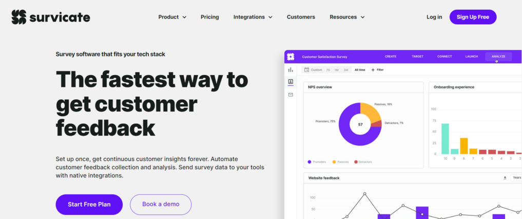 P&aacute;gina de inicio de Survicate