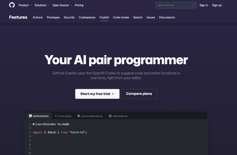 P&aacute;gina de la herramienta para programar con inteligencia artificial Github Copilot