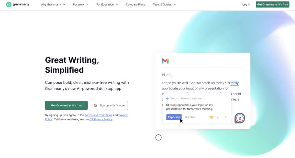 P&aacute;gina de inicio de la herramienta impulsada por IA Grammarly