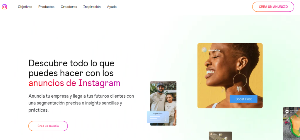 P&aacute;gina de inicio de los anuncios de Instagram