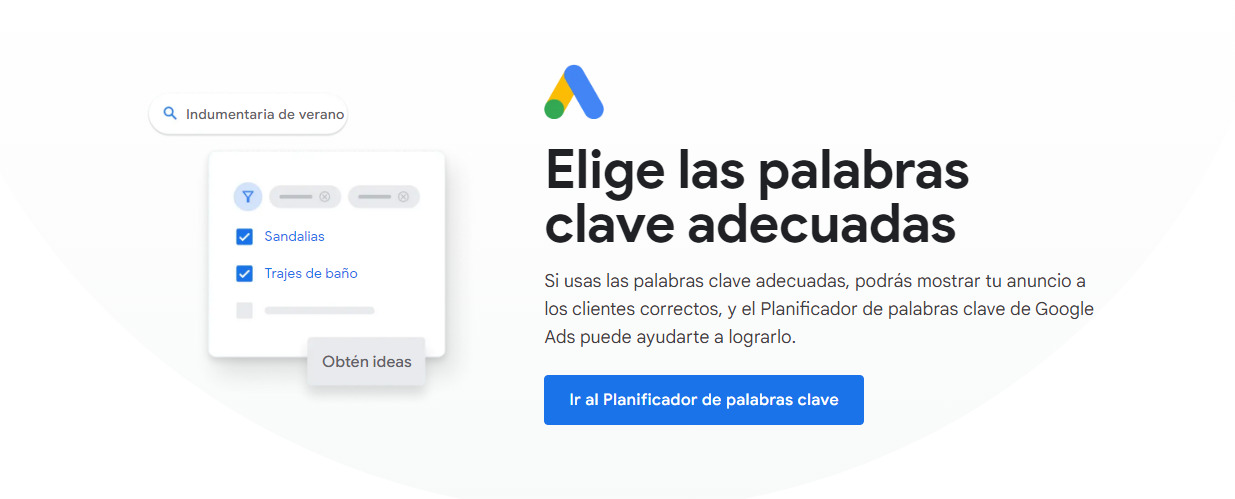 P&aacute;gina de inicio del Planificador de palabras clave de Google