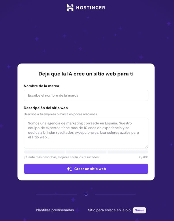 Asistente de creación web con IA de Hostinger