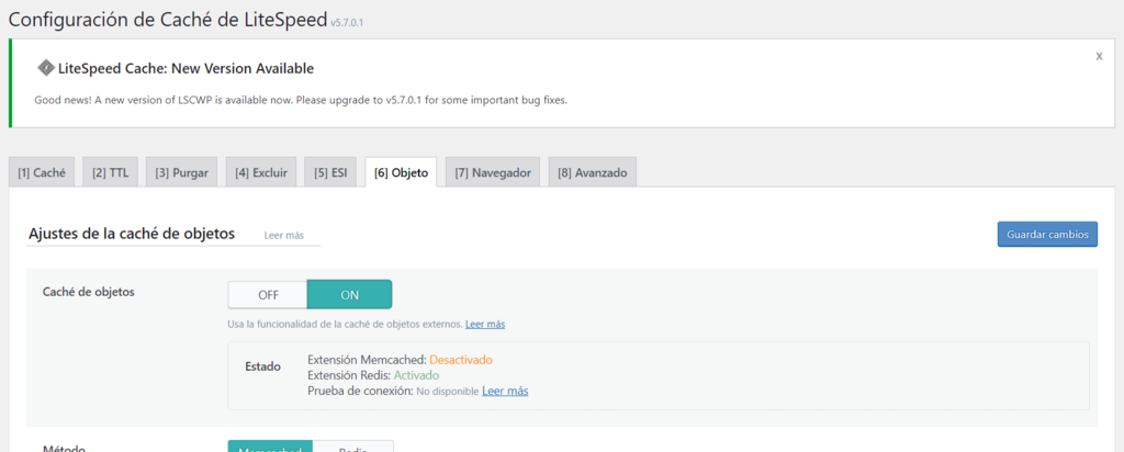Configuraci&oacute;n del plugin LiteSpeed Cache con la cach&eacute; de objetos activada.