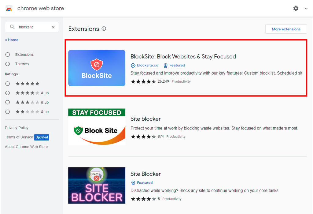 Búsqueda de BlockSite en la tienda de aplicaciones de Chrome.