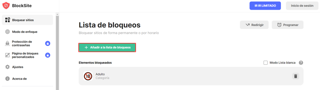 Lista de bloqueos en BlockSite.
