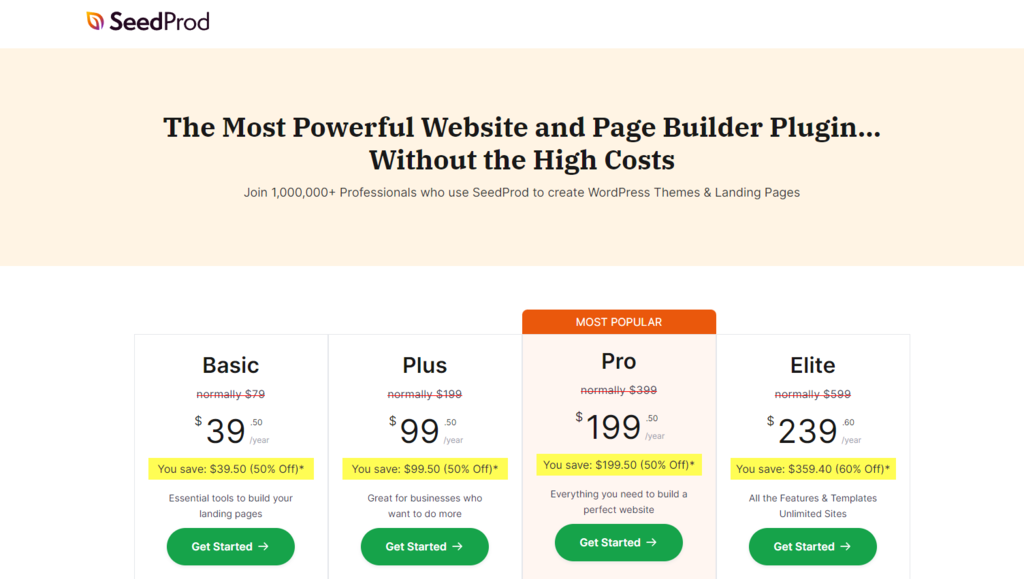 Opciones pagas del plugin SeedProd Pro.