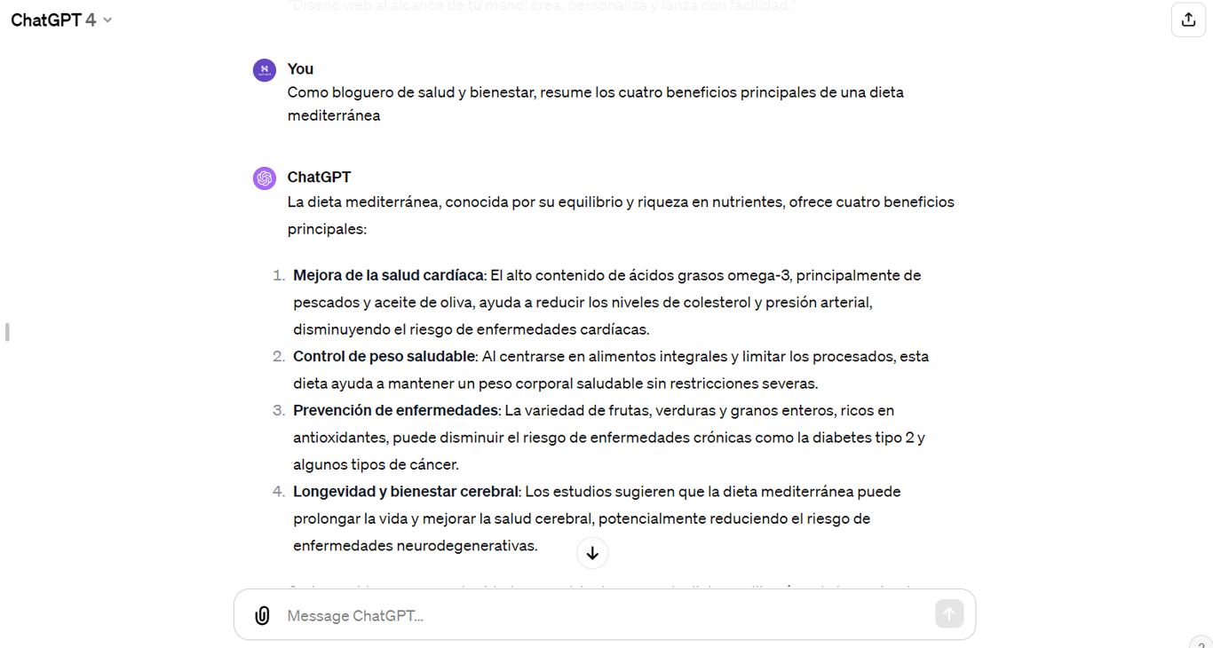 Ejemplo de prompt con contexto en ChatGPT-4.