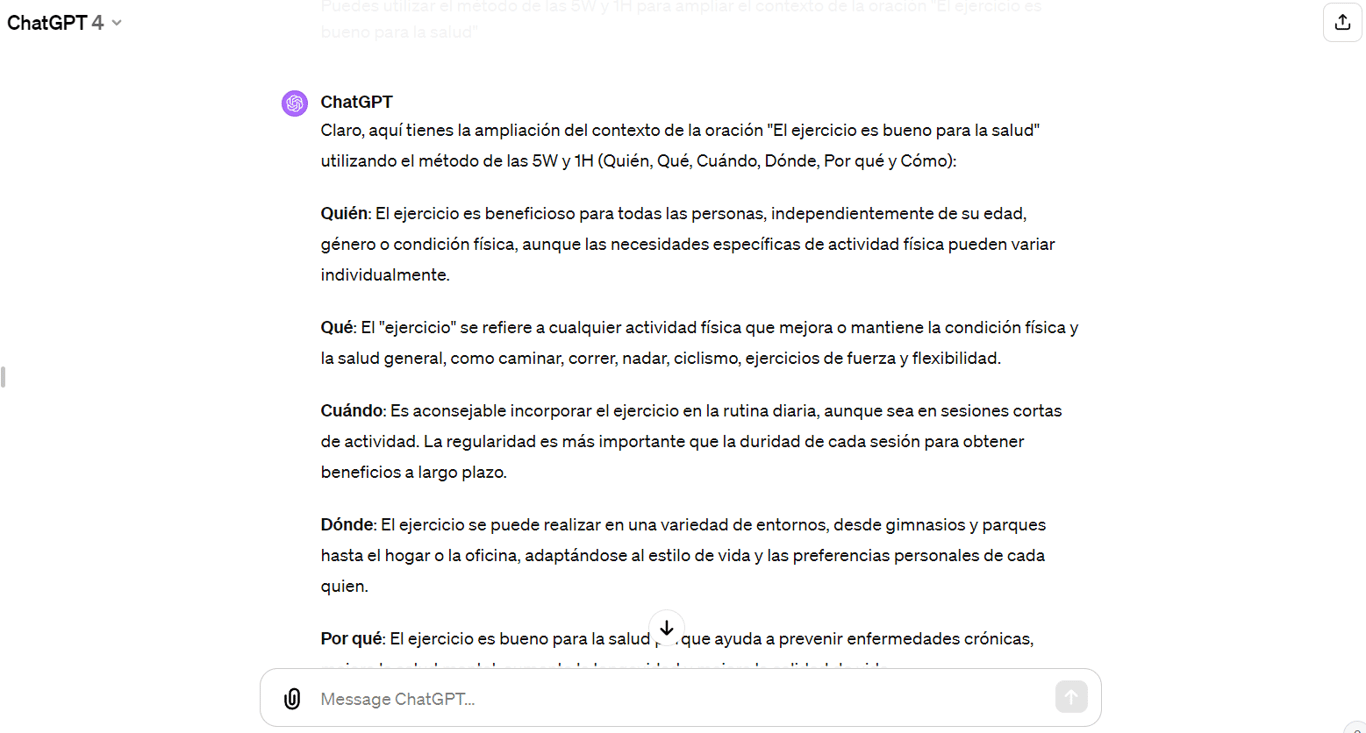 Ejemplo de uso del m&eacute;todo de las 5W y 1H en ChatGPT.